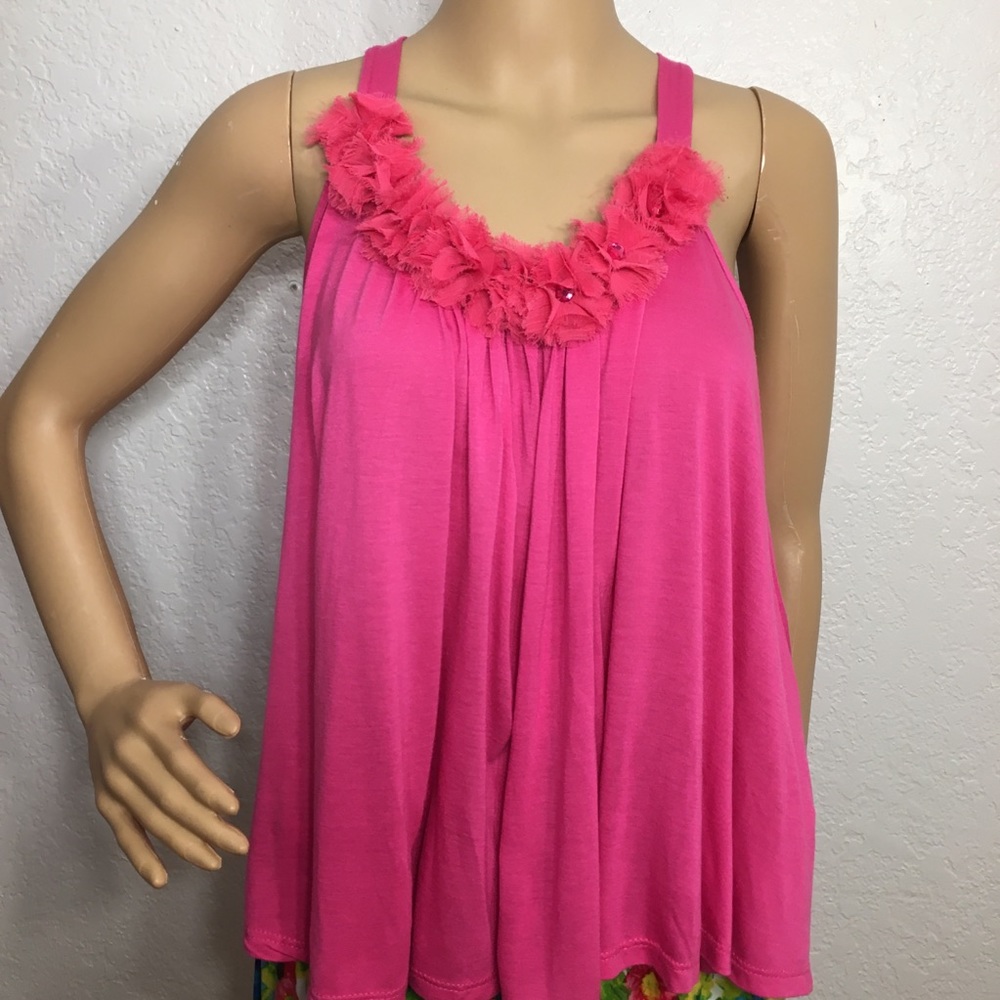 Color in Motion Hot Pink Swing Top w/ Flowers Neck